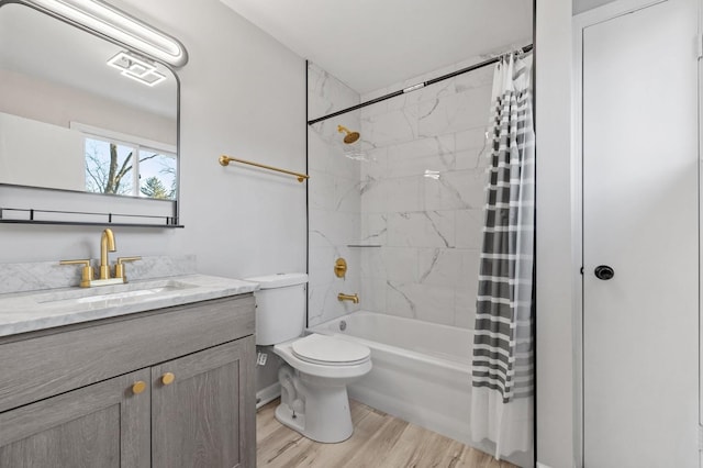 full bathroom featuring toilet, vanity, shower / tub combo with curtain, and hardwood / wood-style flooring