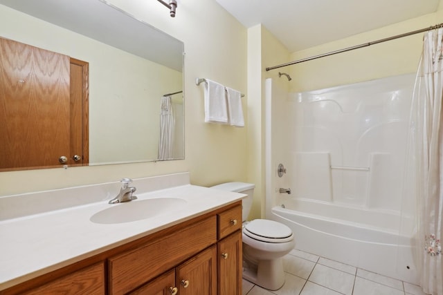 full bathroom with vanity, tile patterned floors, toilet, and shower / bath combo with shower curtain