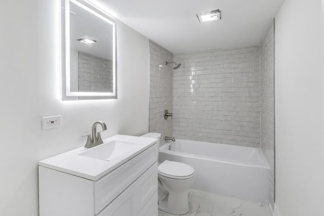 full bathroom with toilet, marble finish floor, vanity, and washtub / shower combination