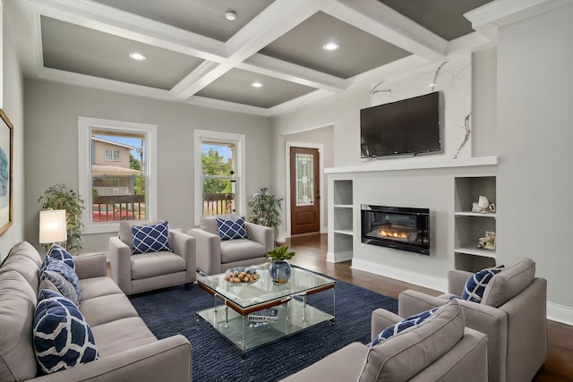 living room with crown molding, dark hardwood / wood-style floors, beam ceiling, and coffered ceiling