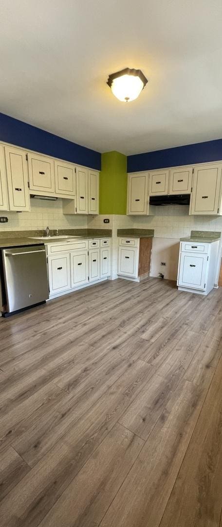 kitchen featuring light hardwood / wood-style floors, white cabinetry, stainless steel dishwasher, and decorative backsplash