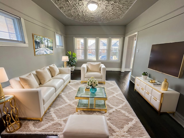 living room with dark hardwood / wood-style flooring and a healthy amount of sunlight