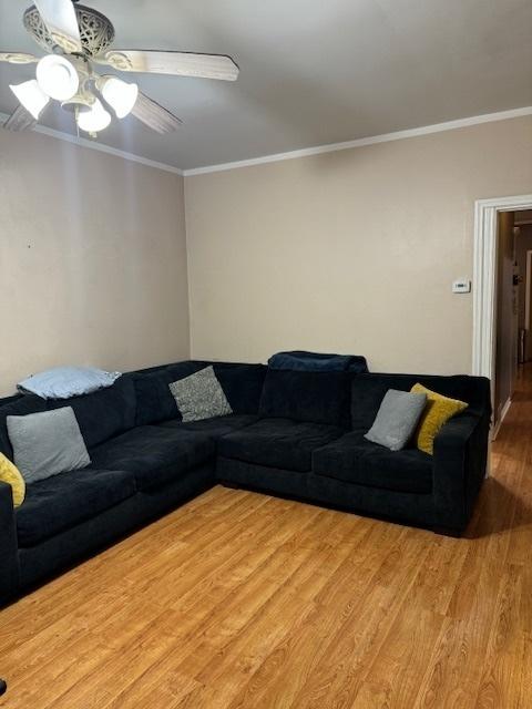 living room featuring ceiling fan, crown molding, and light hardwood / wood-style floors