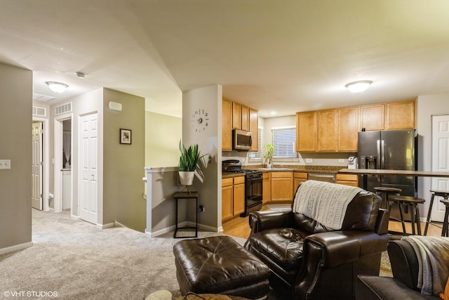 living room with light colored carpet