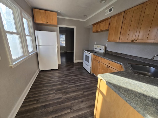 kitchen featuring crown molding, sink, plenty of natural light, and white appliances