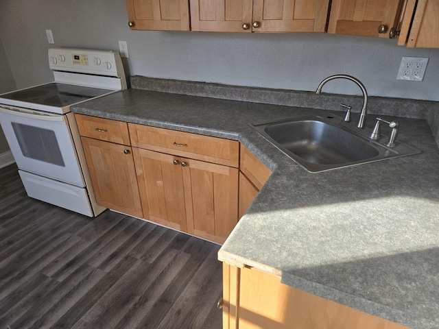 kitchen with white electric range, dark hardwood / wood-style flooring, and sink