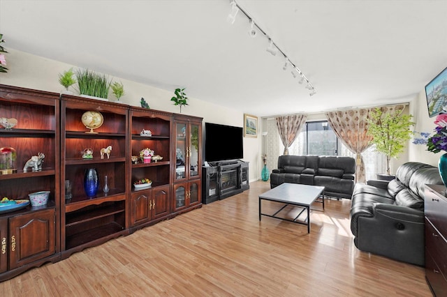 living room featuring rail lighting and light hardwood / wood-style flooring