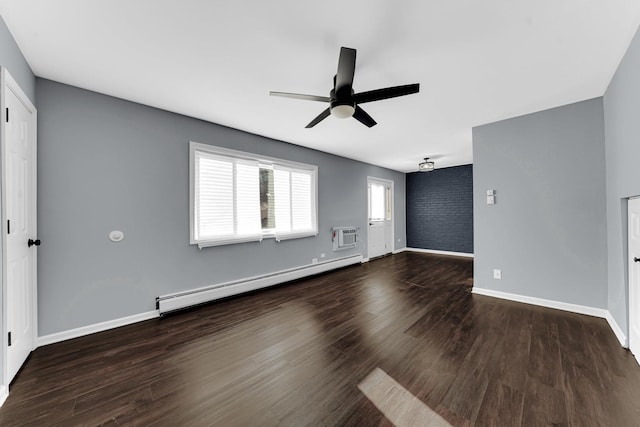 interior space featuring a wall unit AC, baseboard heating, dark hardwood / wood-style flooring, and ceiling fan