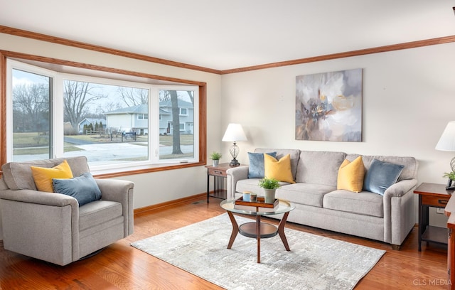 living room featuring crown molding and light wood-type flooring