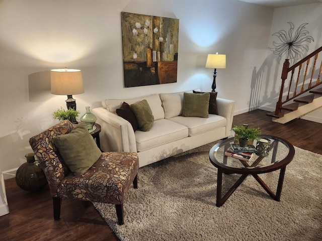 living room with dark hardwood / wood-style flooring