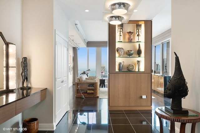 hall featuring plenty of natural light and dark tile patterned flooring