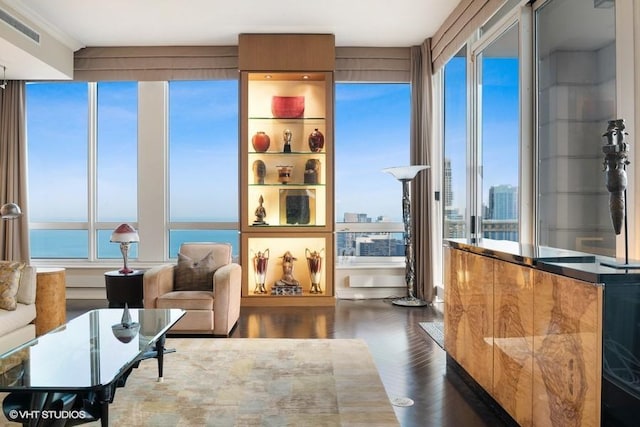 living area featuring a water view