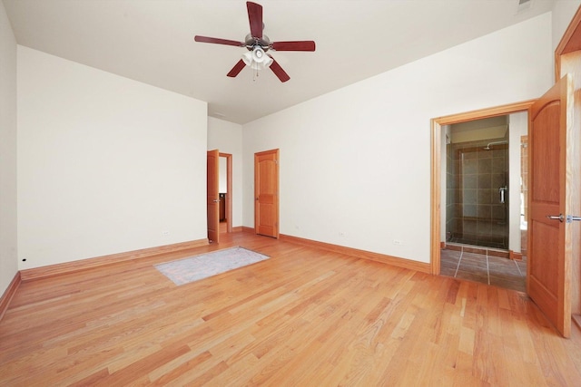 unfurnished bedroom with light hardwood / wood-style floors and ceiling fan