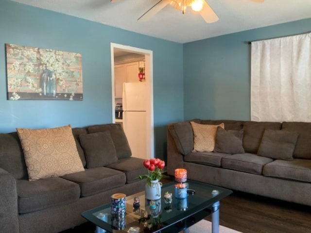 living room with hardwood / wood-style floors and ceiling fan