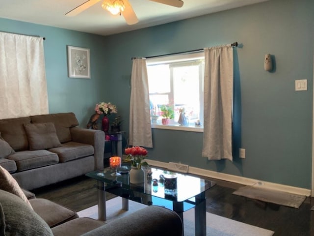 living room with ceiling fan and wood-type flooring