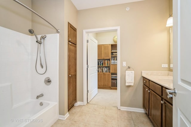 bathroom with vanity, shower / bath combination, and tile patterned flooring