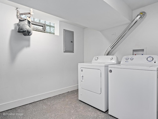 clothes washing area with laundry area, electric panel, baseboards, and independent washer and dryer