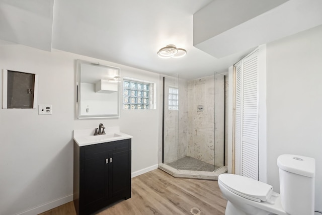 bathroom featuring toilet, wood-type flooring, an enclosed shower, electric panel, and vanity