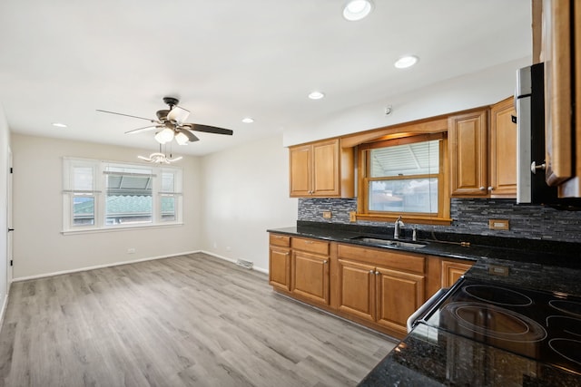 kitchen featuring light hardwood / wood-style floors, sink, backsplash, and dark stone countertops