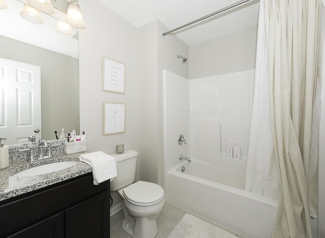 full bathroom featuring tile patterned floors, vanity, toilet, and shower / tub combo with curtain