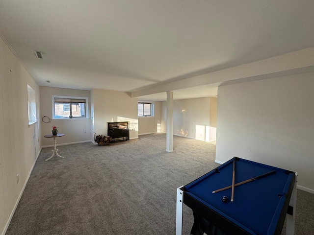 rec room featuring pool table, plenty of natural light, and carpet floors