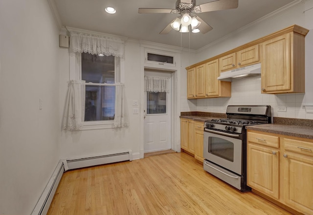 kitchen with baseboard heating, light brown cabinetry, ornamental molding, light wood-type flooring, and stainless steel range with gas cooktop