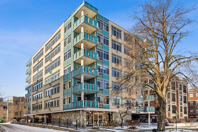 view of snow covered building