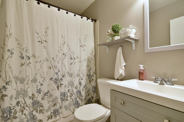 bathroom featuring vanity, toilet, and a shower with shower curtain