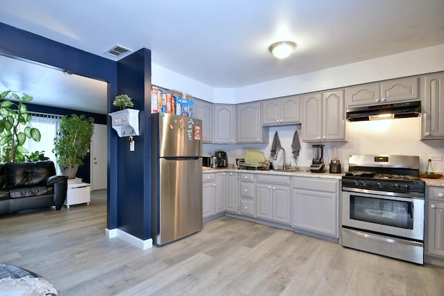 kitchen with sink, gray cabinets, light hardwood / wood-style flooring, and stainless steel appliances