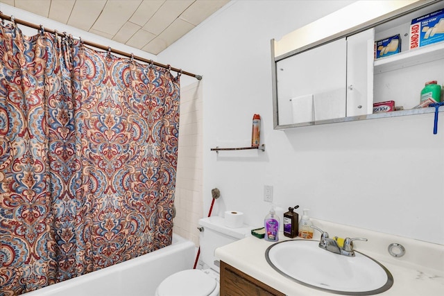 full bathroom with toilet, shower / bathtub combination with curtain, and vanity