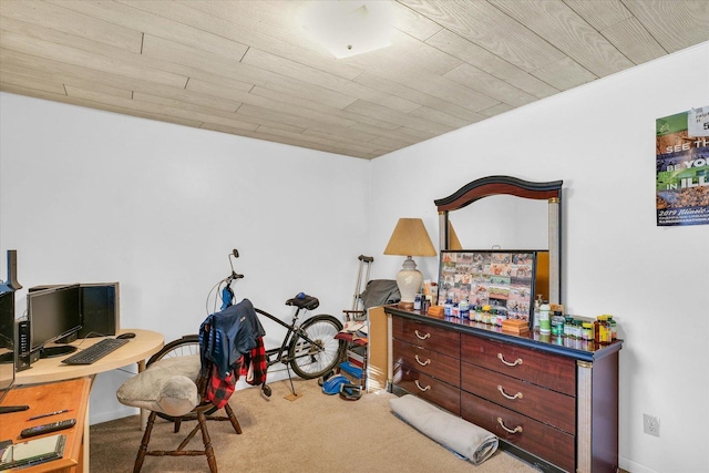 office featuring wood ceiling and carpet flooring