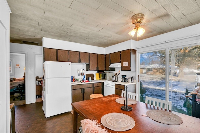 kitchen featuring wooden ceiling, white appliances, and ceiling fan