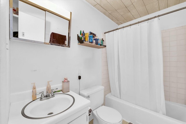 full bathroom featuring vanity, toilet, shower / bathtub combination with curtain, and wooden ceiling