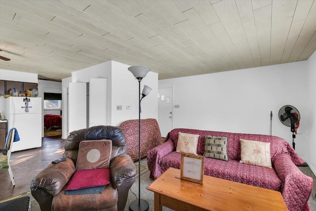 living room featuring wooden ceiling