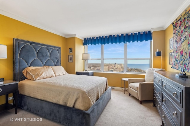 carpeted bedroom with ornamental molding and a water view