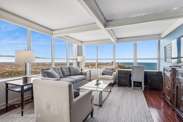 sunroom featuring beam ceiling and coffered ceiling