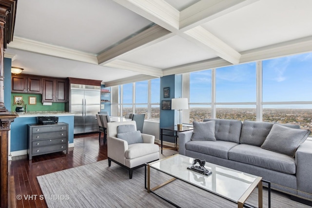 living room featuring dark hardwood / wood-style flooring, crown molding, beam ceiling, and coffered ceiling