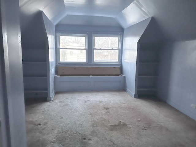 additional living space with light colored carpet and vaulted ceiling