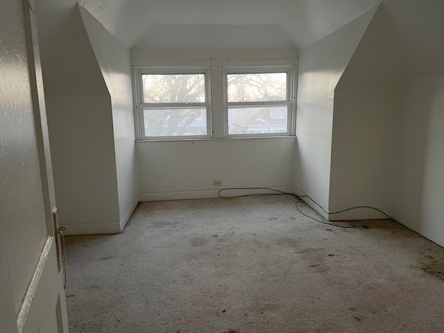 additional living space with light carpet, a healthy amount of sunlight, and vaulted ceiling