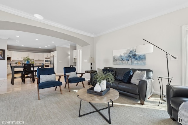 living room featuring crown molding