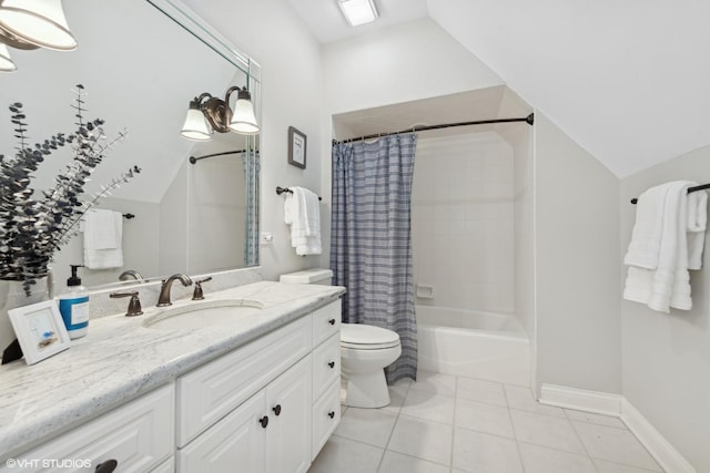 full bathroom featuring shower / tub combo with curtain, tile patterned floors, toilet, vaulted ceiling, and vanity