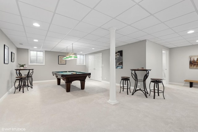 recreation room with light colored carpet and pool table