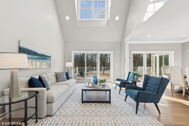 living room featuring crown molding, high vaulted ceiling, and light wood-type flooring