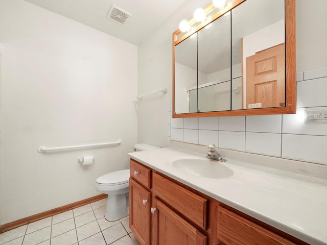 full bath with a shower with door, visible vents, toilet, decorative backsplash, and tile patterned flooring