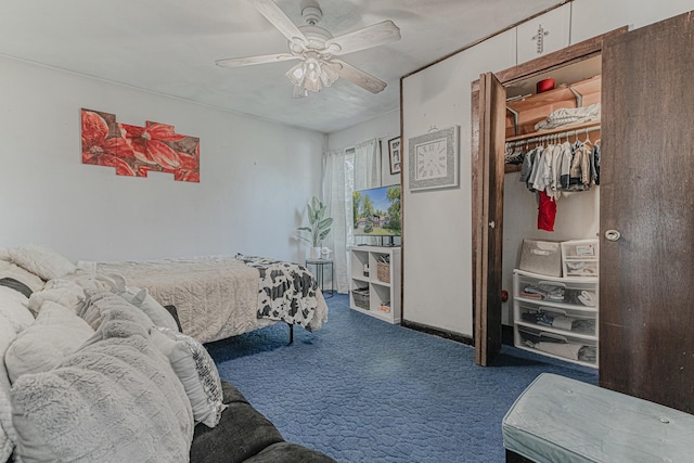 bedroom with ceiling fan, a closet, and carpet floors