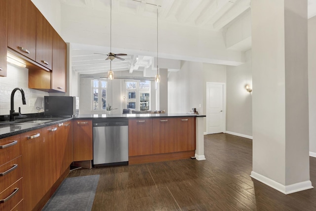 kitchen featuring dishwasher, tasteful backsplash, sink, dark hardwood / wood-style floors, and lofted ceiling with beams