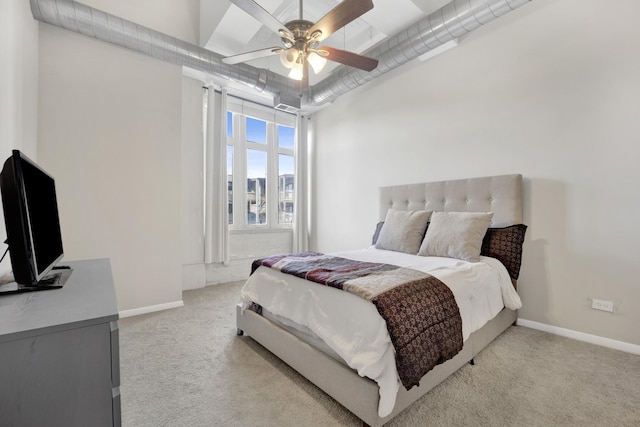 bedroom with light carpet and ceiling fan