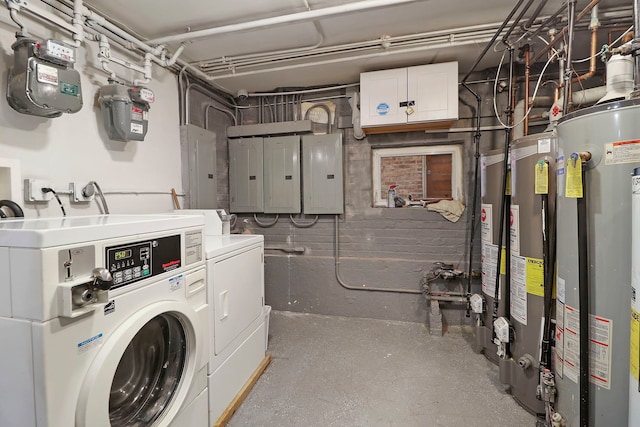 laundry area with cabinets, electric panel, washing machine and dryer, and water heater