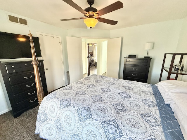 carpeted bedroom featuring ceiling fan