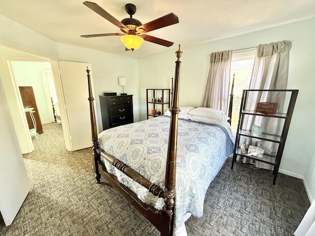 carpeted bedroom featuring ceiling fan